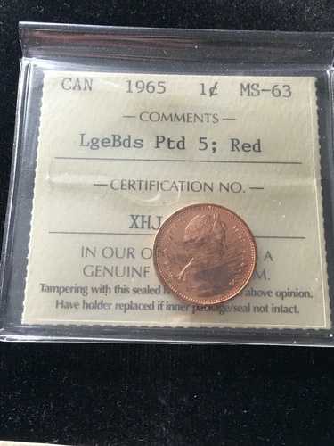 1965年 T-4 LgBds Ptd 5、ICCS鑑定済みカナダ、小型1セント硬貨、**MS-63** XHJ 393
