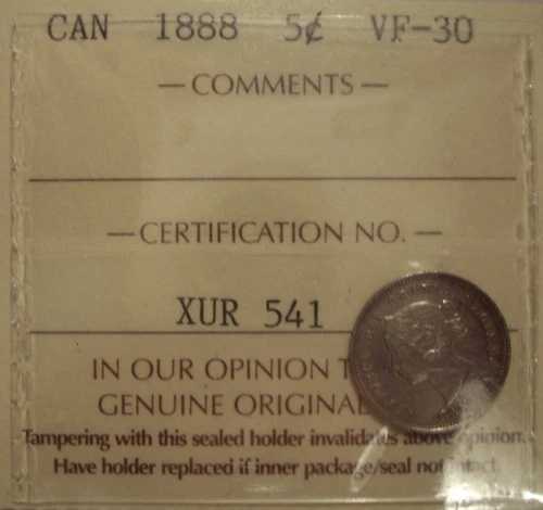 カナダ ビクトリア 1888年 5セント銀貨 - ICCS VF-30