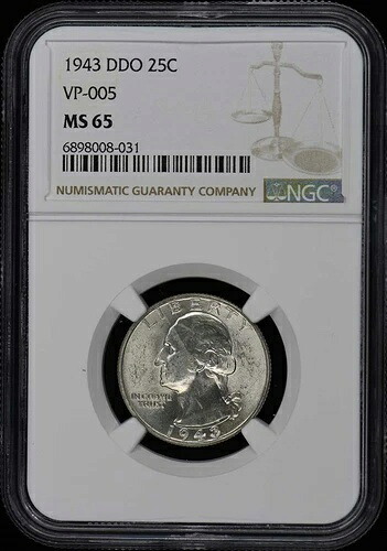 1943年 DDO ワシントン クォーター VP-005 25C NGC MS65