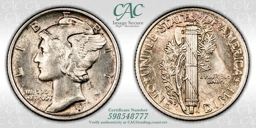 1918年 10セント マーキュリーダイム CACG AU58FB