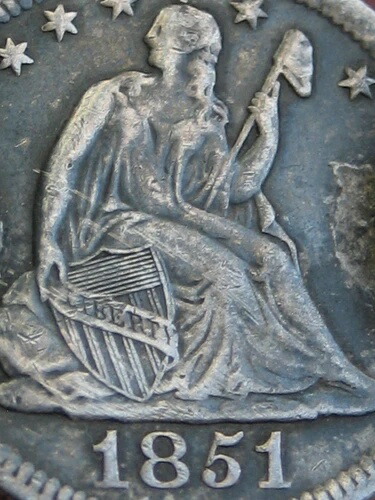 1851年 銀製 着席型自由の女神 25セント硬貨 - VF 表面詳細