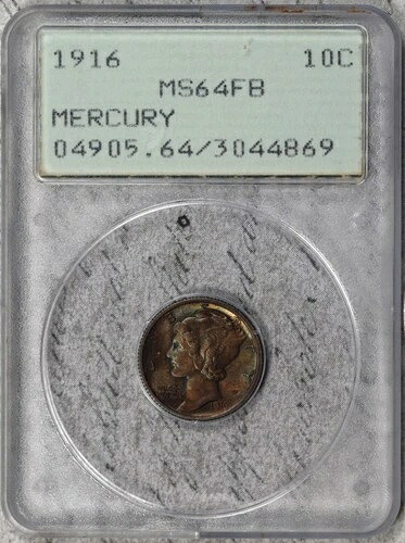 1916年製マーキュリーダイム（PCGS MS64FB）オールドラトラーホルダー。ダークだけどカラフル！#ESI