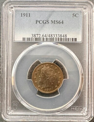 1911年 5C PCGS MS 64 リバティVニッケル シャープな美しい色調の未流通コイン
