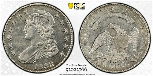 1833年製 キャップドバスト ハーフダラー 50セント PCGS ハードクリーニング済み AU詳細 (#1070)