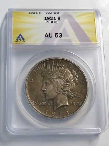 1921年 ピースシルバードル ハイレリーフ ストライク ANACS AU-53 新品グレーディング済み 極上コイン
