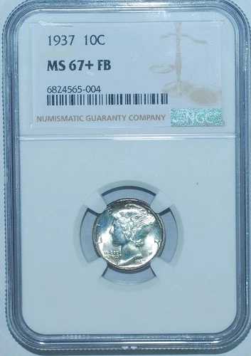 1937年 P NGC MS67+FB フルバンド マーキュリーダイム