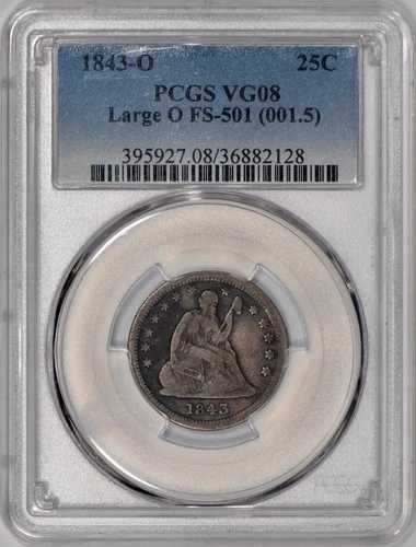 1843-O ラージ O 座像自由の女神像 25セント クォーターコイン PCGS VG08 FS-501｜WORLD RESOURCE【QUEEN店】