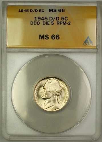 1945-D/D RPM-2 DDO DIE 5 戦時中 シルバー ジェファーソン ニッケル 5セント コイン ANACS MS-66 (H)｜WORLD RESOURCE【QUEEN店】