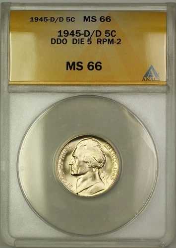 1945-D/D RPM-2 DDO DIE 5 戦時中 シルバー ジェファーソン ニッケル 5セント コイン ANACS MS-66 (i)