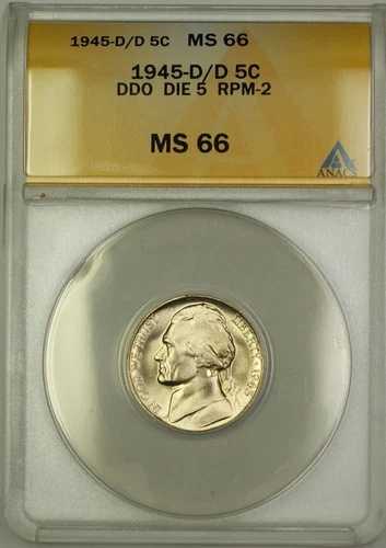 1945-D/D RPM-2 DDO DIE 5 戦時中 シルバー ジェファーソン ニッケル 5セント コイン ANACS MS-66 (A)｜WORLD RESOURCE【QUEEN店】