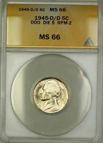 1945-D/D RPM-2 DDO DIE 5 戦時中 シルバー ジェファーソン ニッケル 5セント コイン ANACS MS-66 (B)｜WORLD RESOURCE【QUEEN店】