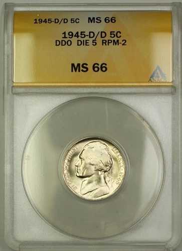 1945-D/D RPM-2 DDO DIE 5 戦時中 シルバー ジェファーソン ニッケル 5セントコイン ANACS MS-66 (E)｜WORLD RESOURCE【QUEEN店】