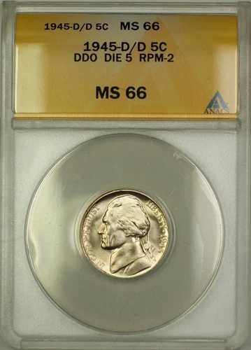 1945-D/D RPM-2 DDO DIE 5 戦時中 シルバー ジェファーソン ニッケル 5セント コイン ANACS MS-66 (F)