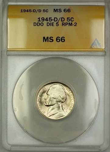 1945-D/D RPM-2 DDO DIE 5 戦時中 シルバー ジェファーソン ニッケル 5セントコイン ANACS MS-66 (D)|WORLD RESOURCE【QUEEN店】