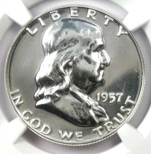 1957 年プルーフ フランクリン ハーフ ドル 50 セント コイン - NGC PR69 (PF69) - 価値 685 ドル!