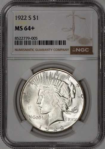 1922-S ピース シルバー ダラー $1 NGC MS64+ - 白くて光沢あり!