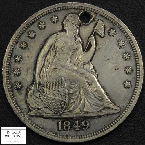 1849年 着席リバティ銀貨 1ドル - 穴あけ・クリーニング済み