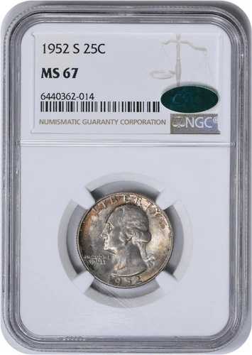 1952年春夏ワシントン銀貨クォーター RPM 1 MS67 NGC (CAC)