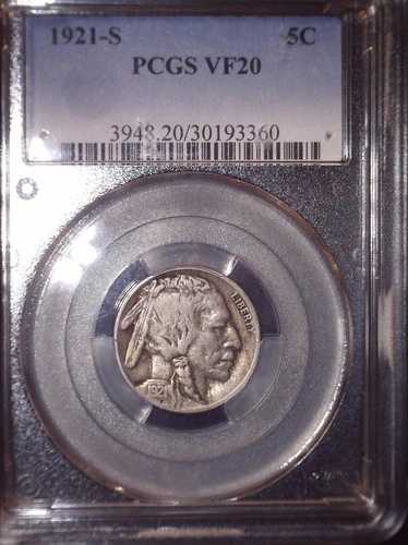 1921-S バッファローニッケル、PCGS VF20、セミキー、発行フリー。わずか1,557,000枚のみの鋳造。