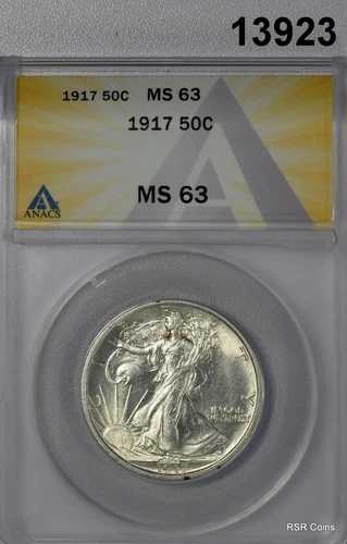1917年製ウォーキングハーフダラー ANACS認定 MS63 素晴らしい光沢！ #13923