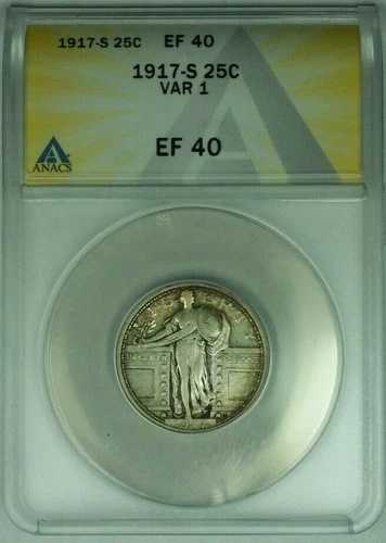 1917-S Var 1 スタンディングリバティシルバークォーター 25セントコイン ANACS EF-40 (38)