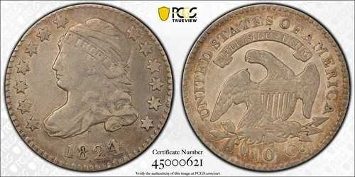 1824/2 10セント キャップドバストダイム PCGS VF 詳細クリーニング済み