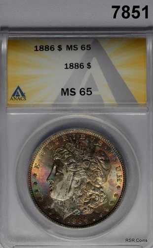 1886年製 モルガン銀貨 ANACS認定 MS65 レインボー表面！すごい！ #7851