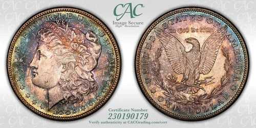 1882-S モルガン銀貨 CACG MS 64 CAC レインボートーン