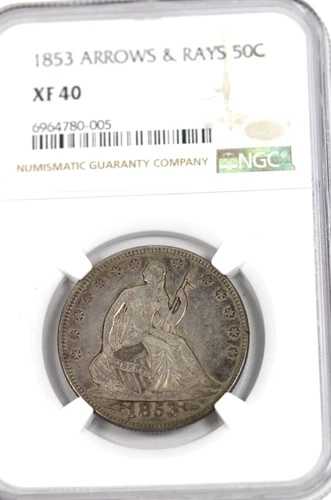 1853年 アローズ・レイズ・シーテッド・リバティ・ハーフダラー：NGC XF40