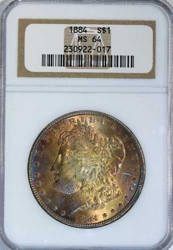 ??「サンバースト」?? 1884年 モルガン シルバー ドル NGC MS64??ゴールド、オレンジ、ピンク、ブルー??