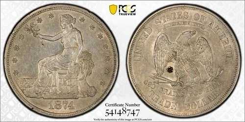 1874-S 貿易銀貨 T$1 PCGS 純正クリーニング済み AU ディテール チョップマーク 希少