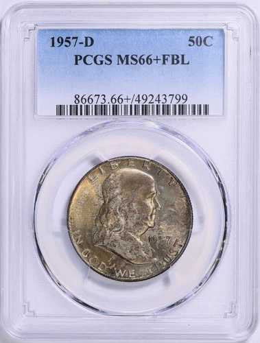 1957年 D フランクリン ハーフ PCGS MS66+ FBL レインボートーン