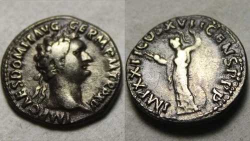希少な古代ローマの銀貨、ドミティアヌス帝紀元95年、デナリウス、ミネルヴァの槍、サンダーボルト