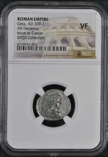 AD 209-211 ローマ帝国 AR デナリウス ゲタ NGC VF ゲタ号 as Caesar