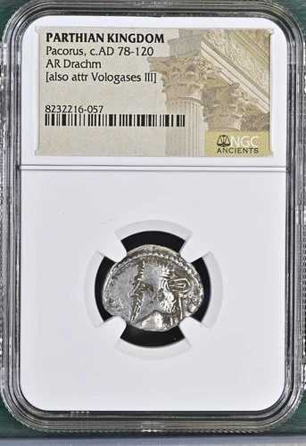 古代パルティア王国 西暦78-120年 NGC 純正銀ドラクマ貨幣 パコルス 希少