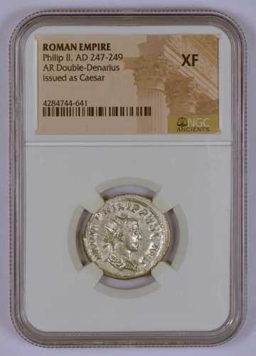 ローマ帝国 西暦247-249年 フィリップ2世の銀製ARダブルデナリウス、NGCグレードXF