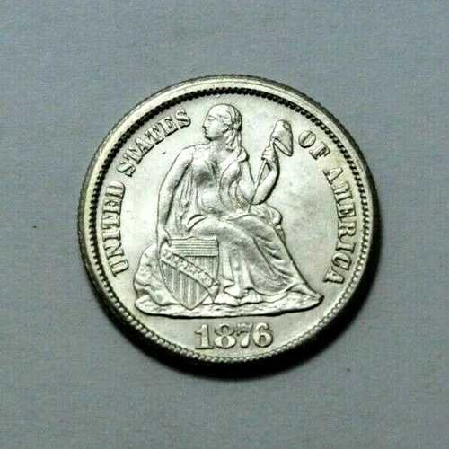 1876-CC UNC/MS シーテッド リバティ ダイム ダブルダイ 表面。希少な鮮明なホワイトラスターコイン