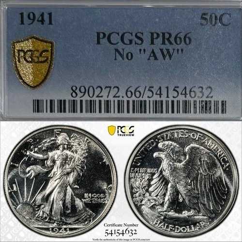 1941年 ウォーキング・リバティ ハーフダラー PCGS PR66 AWなし シルバープルーフコイン 50セント