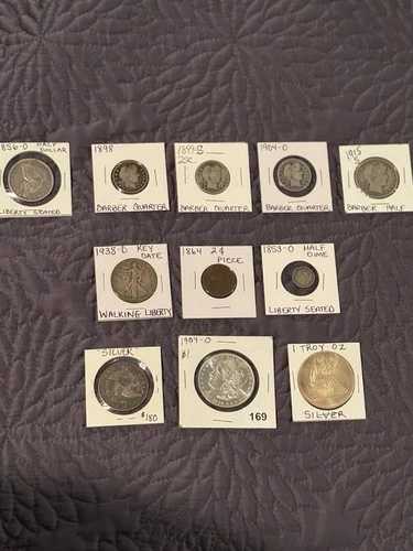 銀貨11枚セット（バーバー ハーフドル、ダイム、クォーター、2セント、リバティ）