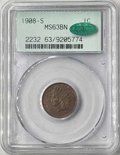 1908-S 1C PCGS 第2世代 OGH MS63BN CAC インディアンセントペニー 09205774 158,950円