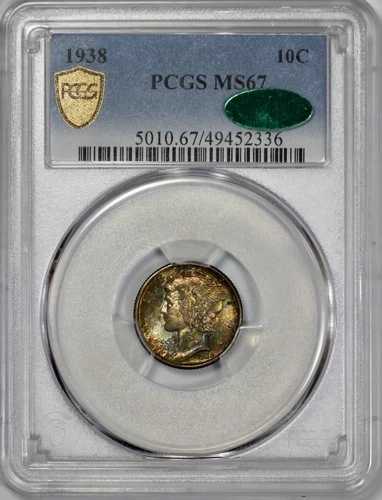 1938年製 マーキュリー 10セントダイム PCGS MS 67 タイダイ染め CAC認定