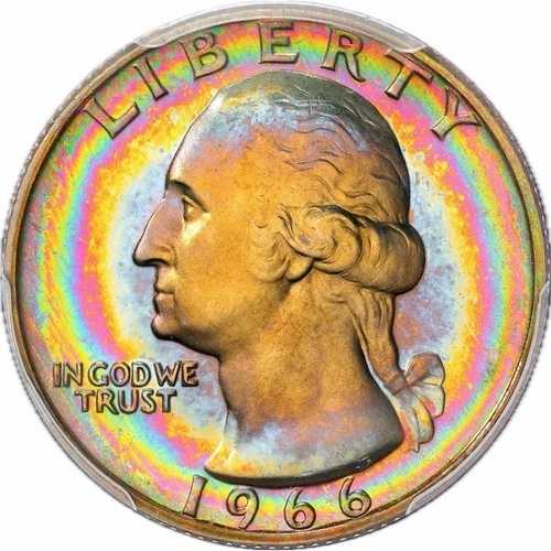 SP67 1966 25C ワシントン SMS クォーター、PCGS Trueview - VIVID レインボー ターゲット トーン!