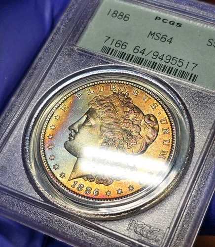 1886年 P モルガン・ダラー PCGS MS64 OGH レインボートーン モンスターブライトカラー オールドグリーン