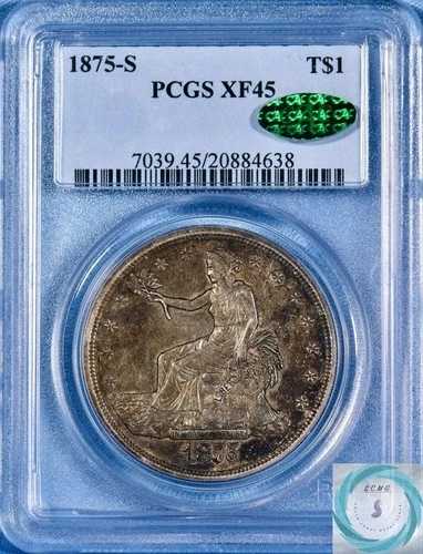 1875-S 貿易ドル PCGS XF45 CAC 付き - 見事な表面!!!