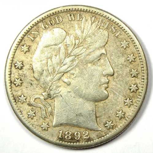 1892年-S 理髪店ハーフドル 50Cコイン-XFディテール (EF)-レアな日付!-