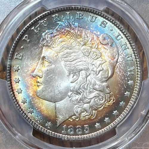 1885年 モーガン 1ドル PCGS MS4+ カラフル 両面ブルズアイ トーニング mikesartifacts ビデオ｜WORLD RESOURCE【QUEEN店】