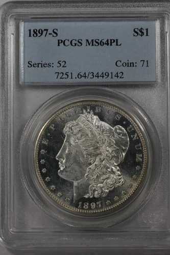 1897-S 1.00 PCGS MS64 PL モルガン銀貨、ミス・リバティ・ヘッド・ドル、$1｜WORLD RESOURCE【QUEEN店】