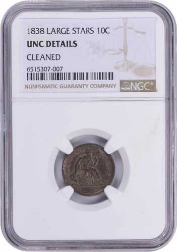 1838年 リバティ・シーテッド・ダイム ラージスターズ スプリットリバースダイ クリーニング済み UNC 詳細 NGC｜WORLD RESOURCE【QUEEN店】