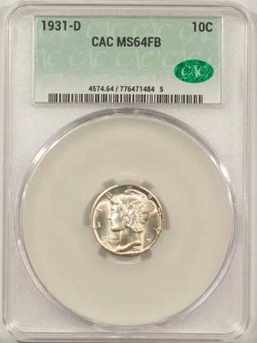 1931-D マーキュリーダイム - CACG MS-64 FB、鮮やかな白！CAC承認済み！