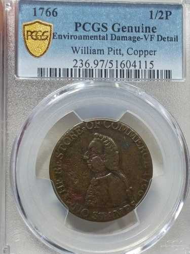1766年 ウィリアム・ピット銅貨 1/2ハーフペニー コロニアルコイン PCGS VF 詳細